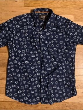 Navy Printed Short-Sleeve Casual Button-Down Shirt